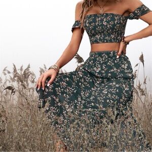 Floral Off-Shoulder Green Top & Skirt